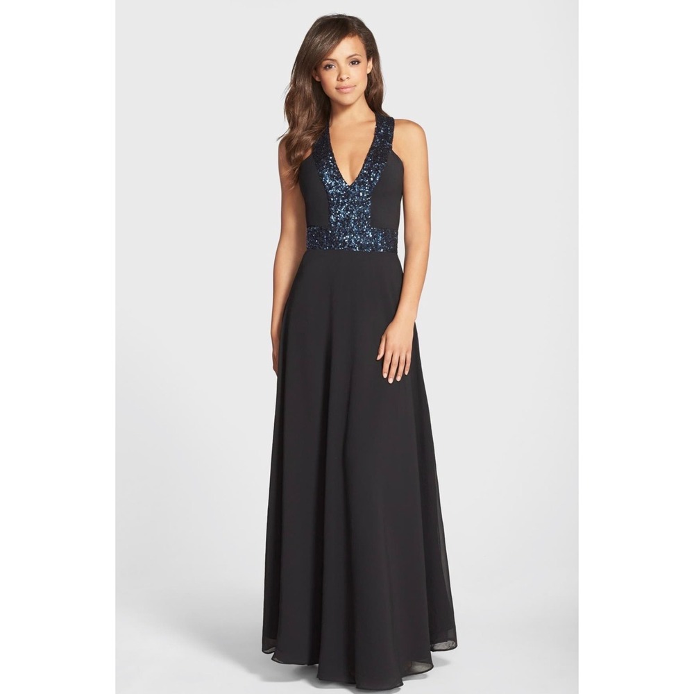 Dress The Population Sequin V-Neck Racerback Gown Black Navy Size Large Formal - Picture 1 of 9